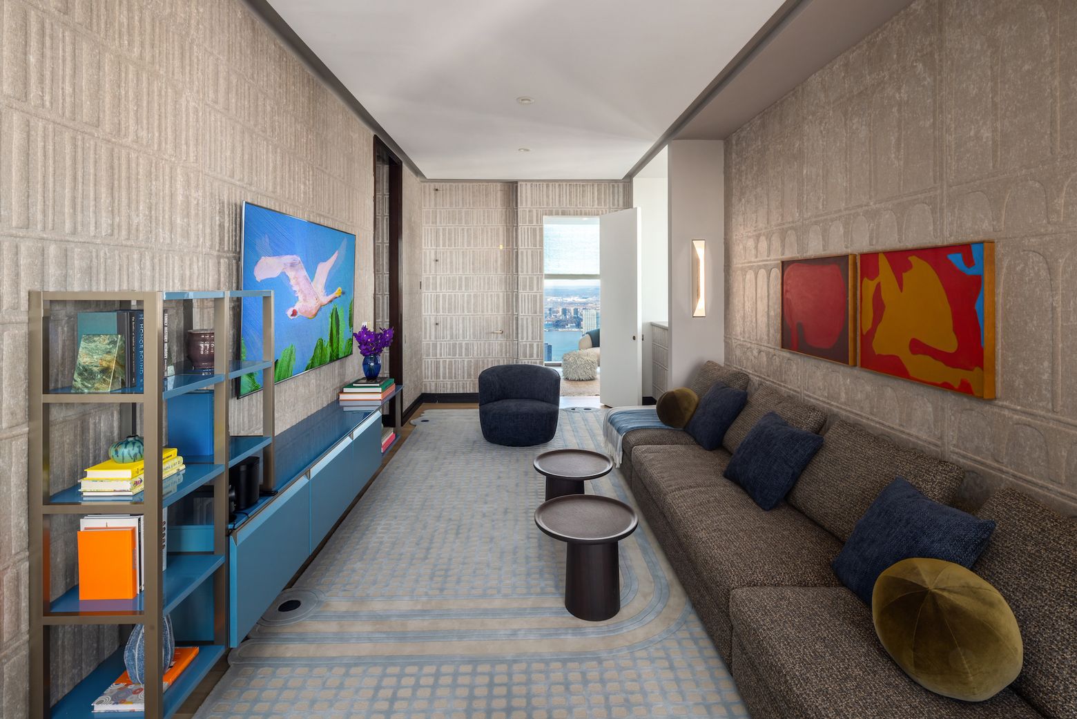 Despont-designed living room with angled diagrid columns